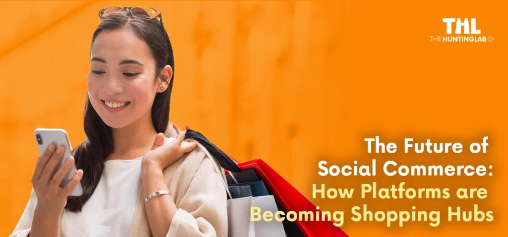 Young woman happily shopping online using her smartphone, holding colorful shopping bags, set against a vibrant orange background with text 'The Future of Social Commerce: How Platforms are Becoming Shopping Hubs'.