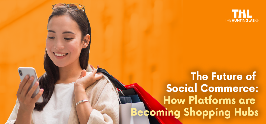 Young woman happily shopping online using her smartphone, holding colorful shopping bags, set against a vibrant orange background with text 'The Future of Social Commerce: How Platforms are Becoming Shopping Hubs'.