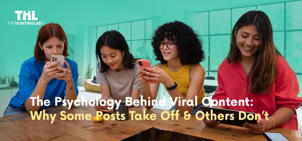 Four young women of diverse ethnicities using smartphones and a tablet, engaged and smiling, sitting around a table in a bright teal-colored room, with text overlay "The Psychology Behind Viral Content: Why Some Posts Take Off & Others Don’t.